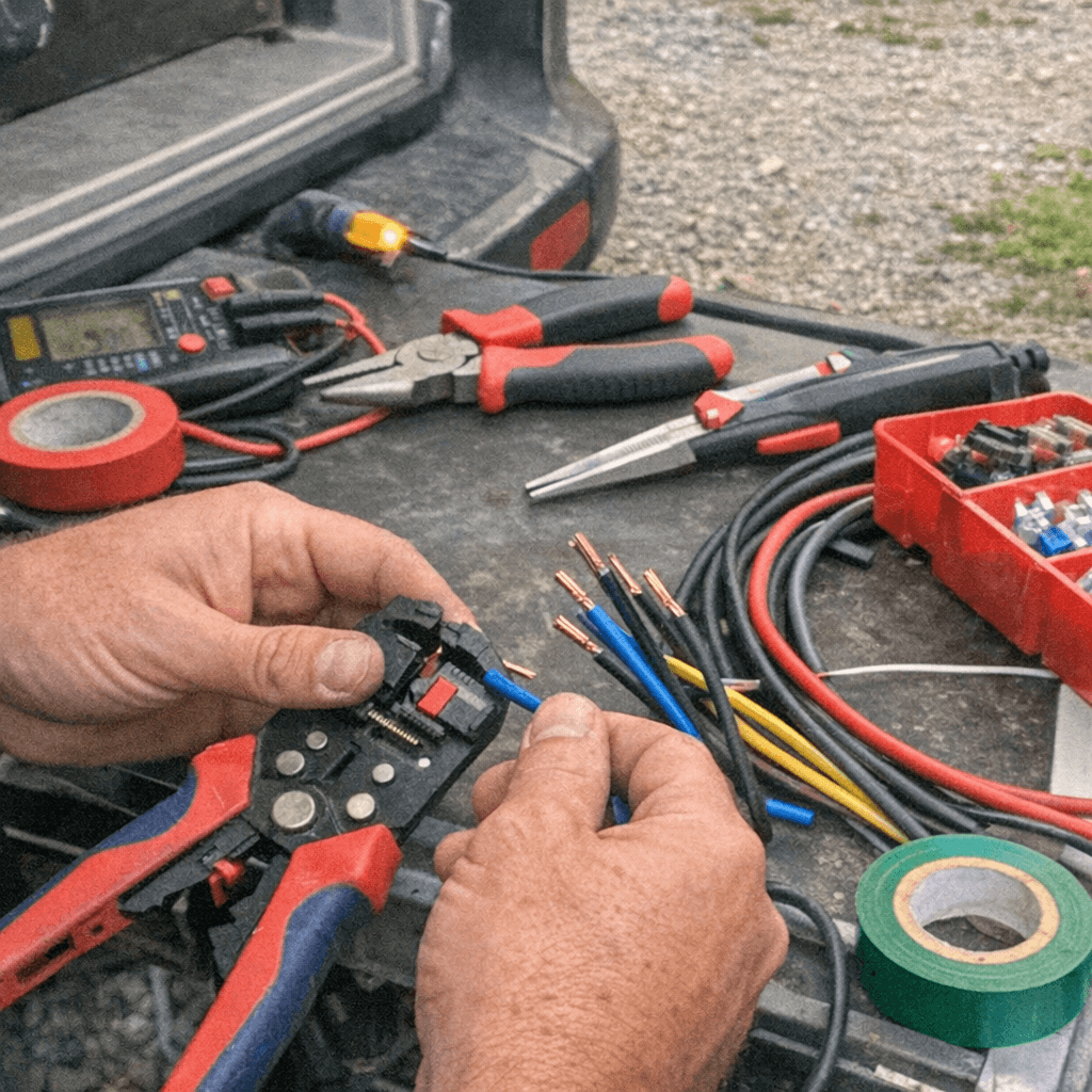 Elektriker mit Werkzeugkoffer montiert eine Außensteckdose an der Hauswand