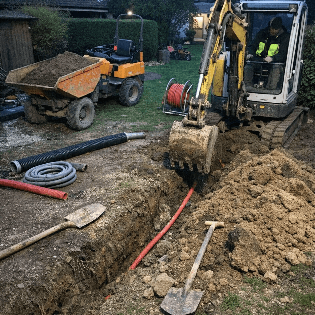 Graben im Garten, Sandbett vorbereitet, Erdkabel bereit zum Verlegen