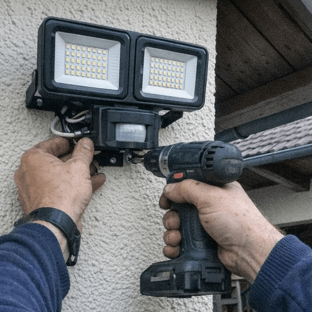 Flutstrahler über Garagentor bei Dämmerung während eines Funktionstests