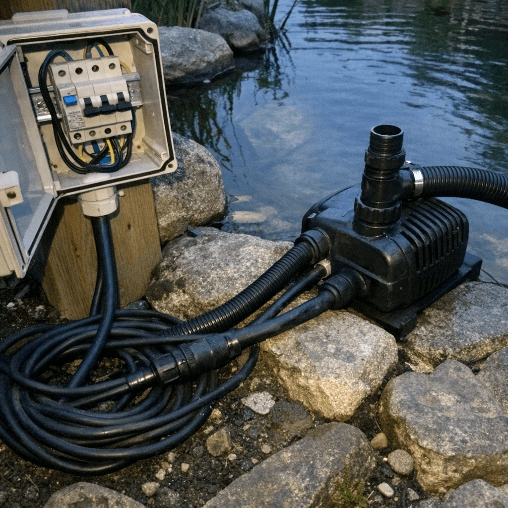 Abgedichteter Stromanschluss neben einem Gartenteich mit Pumpe und Schutzgehäuse