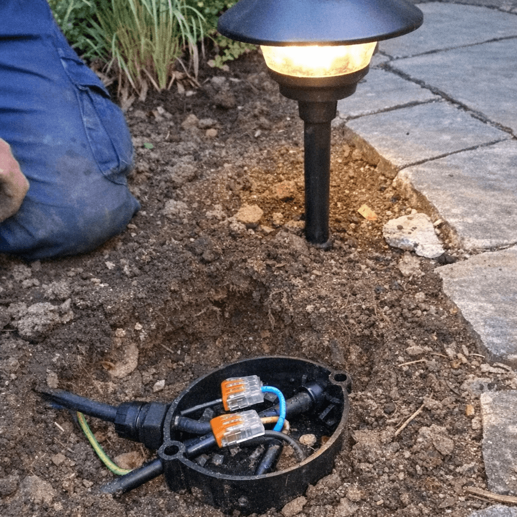 Elektriker verbindet niedrige Wegeleuchten entlang eines gepflasterten Gartenwegs