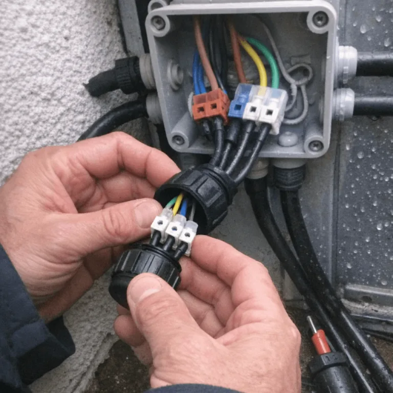 Hände eines Technikers beim Prüfen von elektrischen Anlagen und sicheren Verbindungen