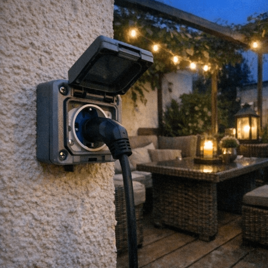 Überdachte Terrasse mit montierter Steckdosenlösung und ordentlichem Kabelkanal